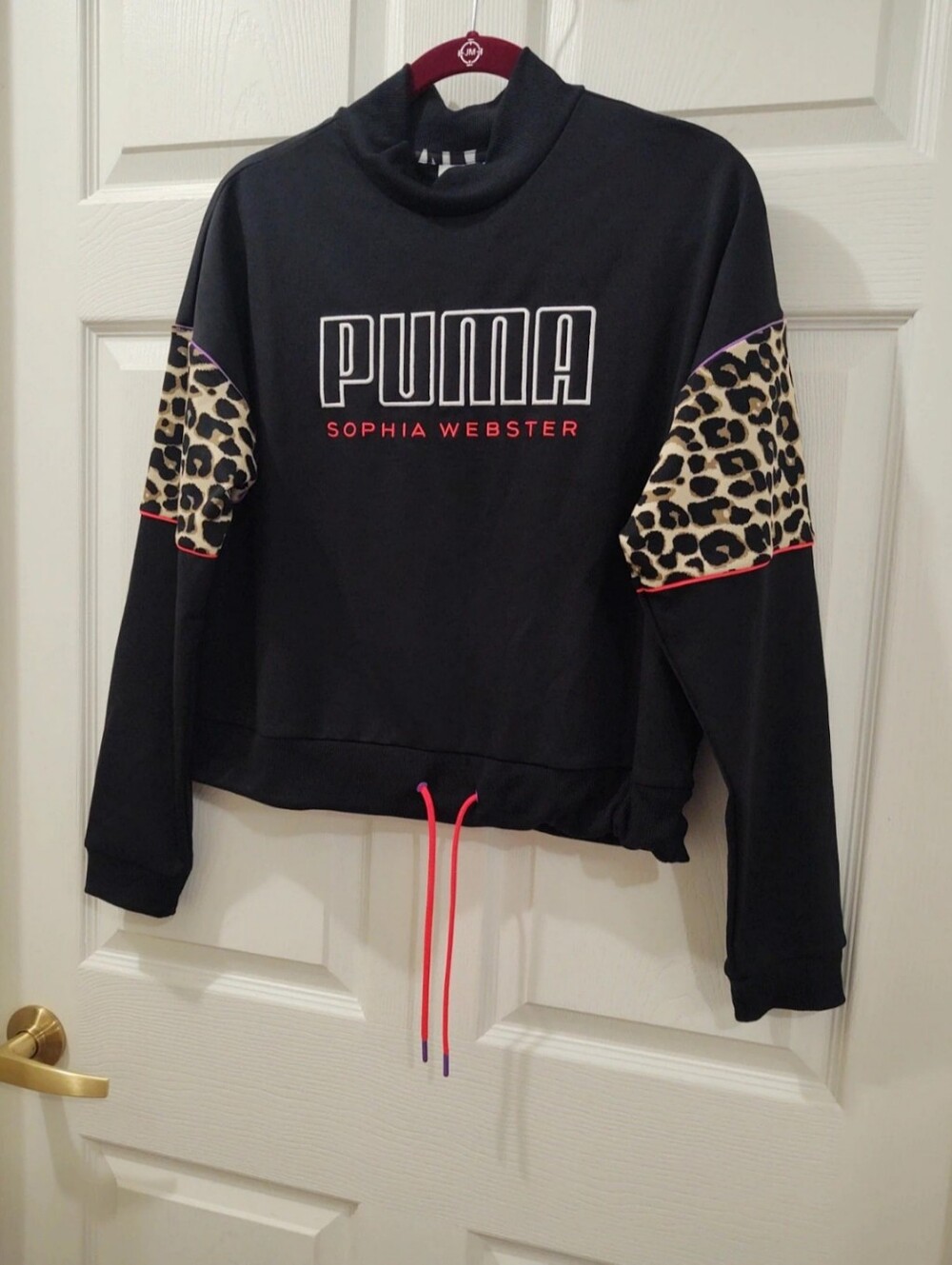 Sophia Webster Black PUMA Sweatshirt/Pant with Leopard Accent and Pink Piping - Picture 2 of 13